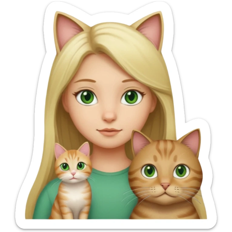 blonde girl with long blonde hair with tabby brown cat with green eyes and chubby gray cat with big green eyes sticker