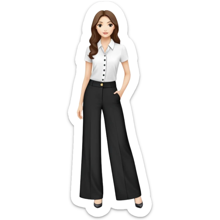 tailored palazzo pants for petite women, moderate wide leg, formal dress pants with button closure, shorter length, elegant office wear, only the garment on white background sticker