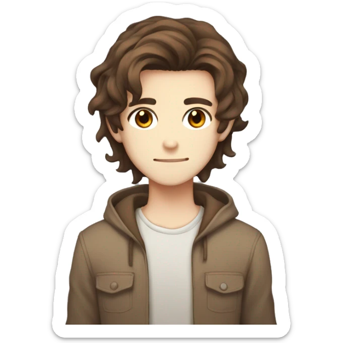 Male, long brown hair and brown eyes, light human colour skin anime style sticker