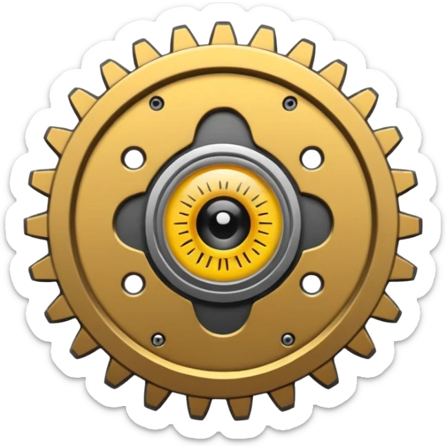 Minimalist emoji-style sticker of a mechanical gear with a realistic eye in the center. Flat graphic icon in grayscale. sticker