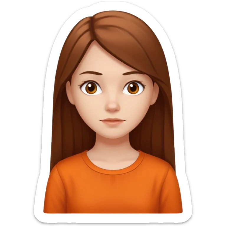 white girl with long straight hair and orange blouse not smiling sticker