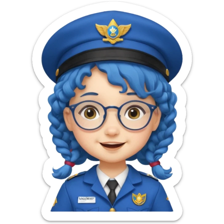 scout girl baby with uniform including the hat,  little with glassess and long curly blue hair sticker