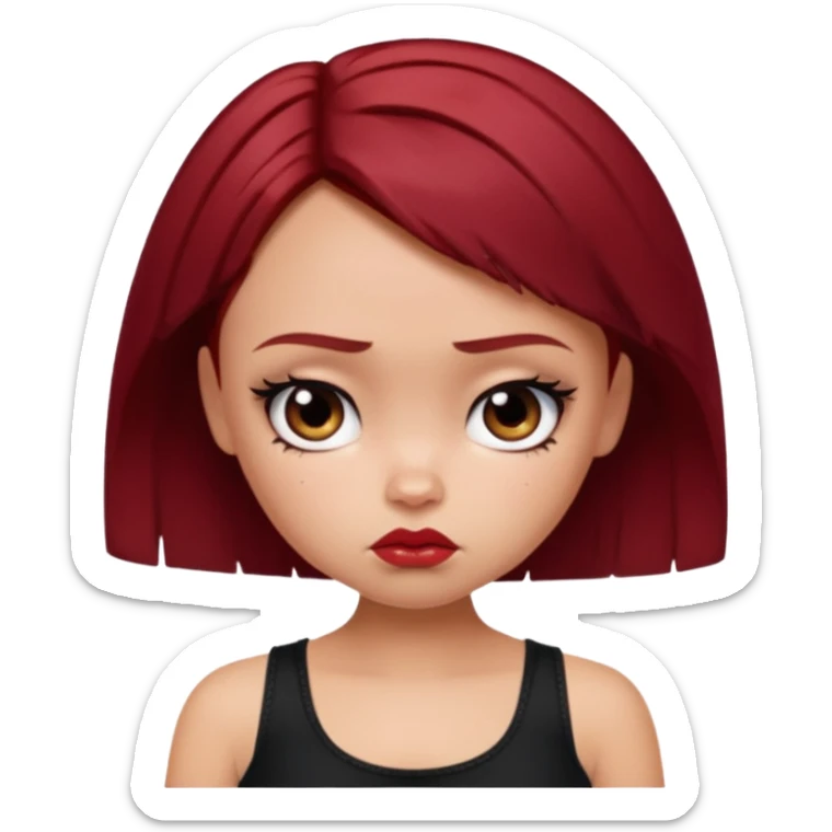 generate a pretty fair bratz girl with short dark red hair looking sad . Wearing a black cami sticker