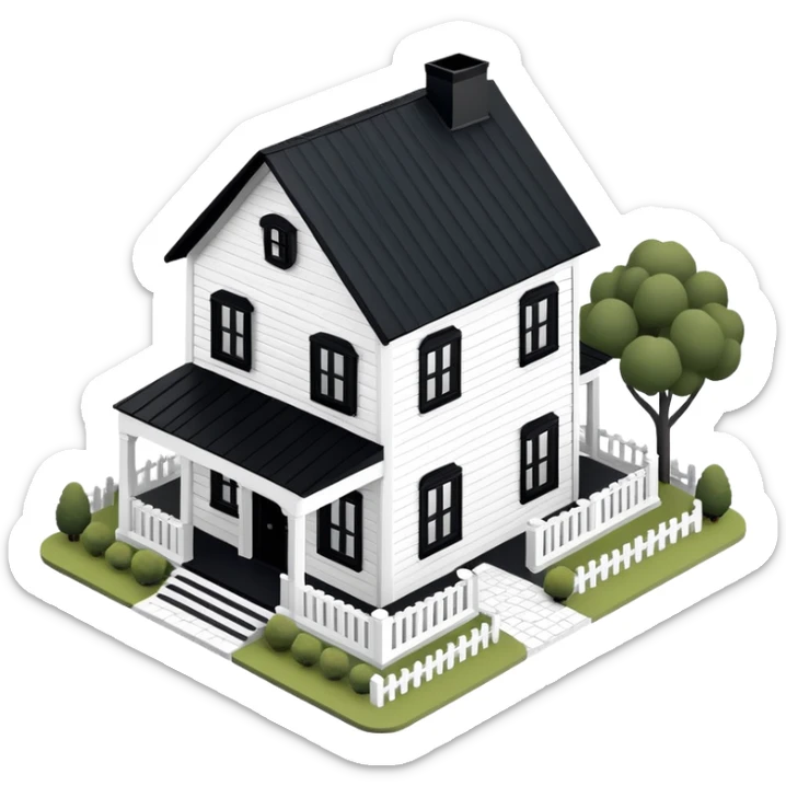 Black and white modern farmhouse exterior, isometric dollhouse-style, highly detailed  sticker