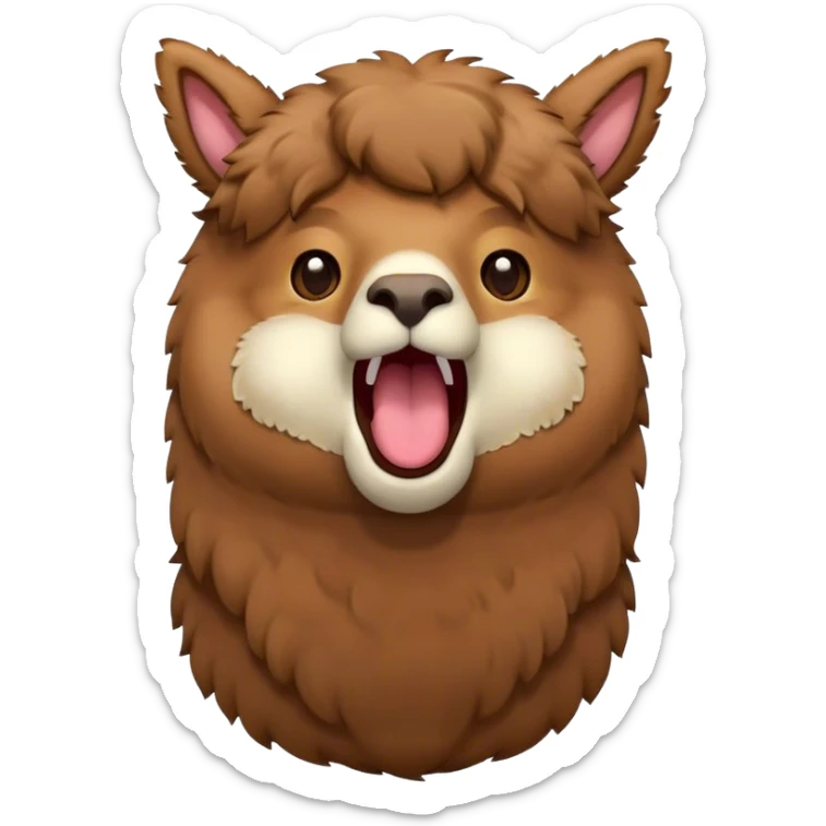 Cinematic Cute Yawning Brown Alpaca Portrait Emoji, Head tilted slightly with a dramatic, wide-open yawn, showcasing a soft, plush brown fleece with gently drooping ears, round warm eyes barely open in drowsy contentment, Simplified yet irresistibly adorable features, highly detailed, glowing with a soft, cozy glow, high shine, relaxed yet expressive, stylized with a touch of whimsy, bright and endearing, soft glowing outline, capturing the essence of a sleepy yet affectionate alpaca, so drowsy it feels like it could stretch out of the screen and curl up for a nap! sticker