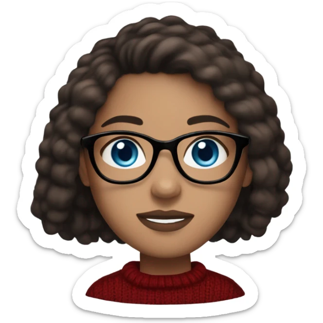 light skin, dark brown hair, blue eyes, long straight hair, girl wearing aesthetic dark red sweater, glasses, light colored lips sticker