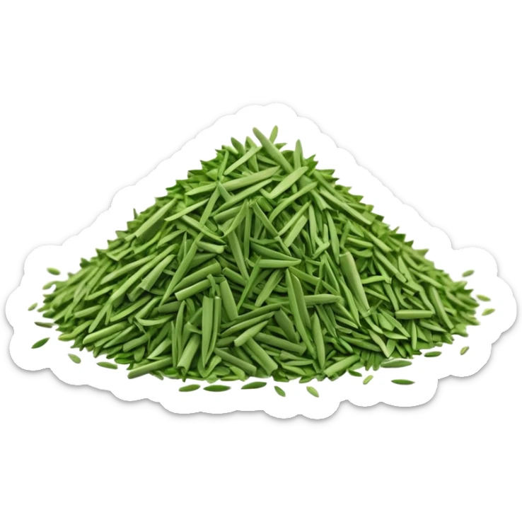 loose scatter of finely chopped dry green herb bits, short tubular shapes, crisp matte texture, uniform thin straight pieces, vibrant to muted green tones, evoking dried chive stalks, soft lighting, subtle shadows, emoji scale sticker