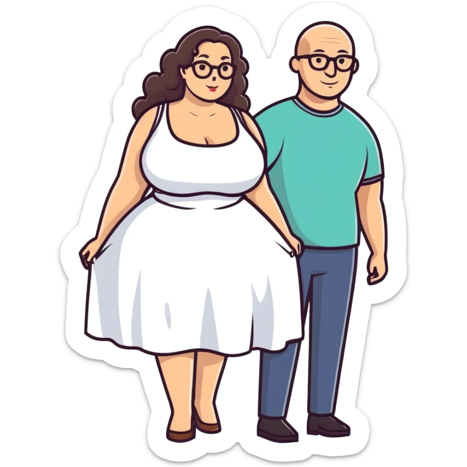 caucasian bald man with glasses and caucasian woman wearing no glasses, long curly dark hair and huge boobs sticker