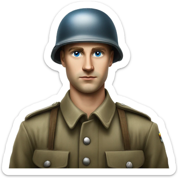 blue eyed  guy 28 years old german soldier in helmet 1940 photorealistic serious sticker