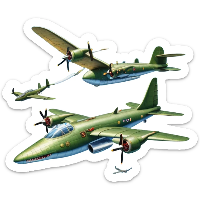 A surreal flying bomber aircraft with the head of a crocodile replacing its cockpit. The crocodile's mouth is open menacingly, with sharp teeth exposed, blending seamlessly with the metallic body of the plane. The aircraft is flying through a blue sky with clouds, and a bomb is being dropped mid-air. Two propellers are spinning on the wings. The scene is dynamic, imaginative, and slightly humorous, combining fantasy with wartime elements sticker