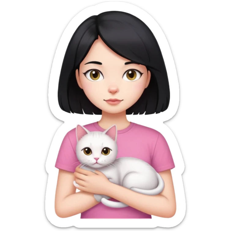 A girl with long black hair wearing a pink T-shirt and holding a beautiful short hair cat. sticker