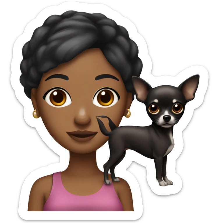 A curvy African American woman with dark skin and straightened black hair holding a black with brown eyebrows pointy ear chihuahua  sticker