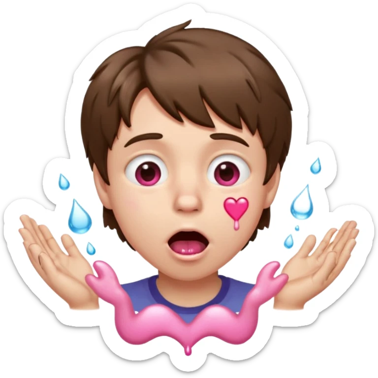Pale Boy with shaggy brown hair, pink heart shaped eyes looking up , mouth open , water drop dripping from lips, hands grabbing at face  sticker