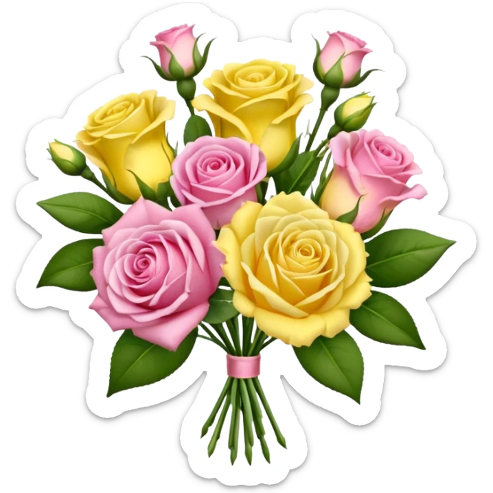 A mixed bouquet of four flowers, featuring pink roses and yellow lisianthus. sticker
