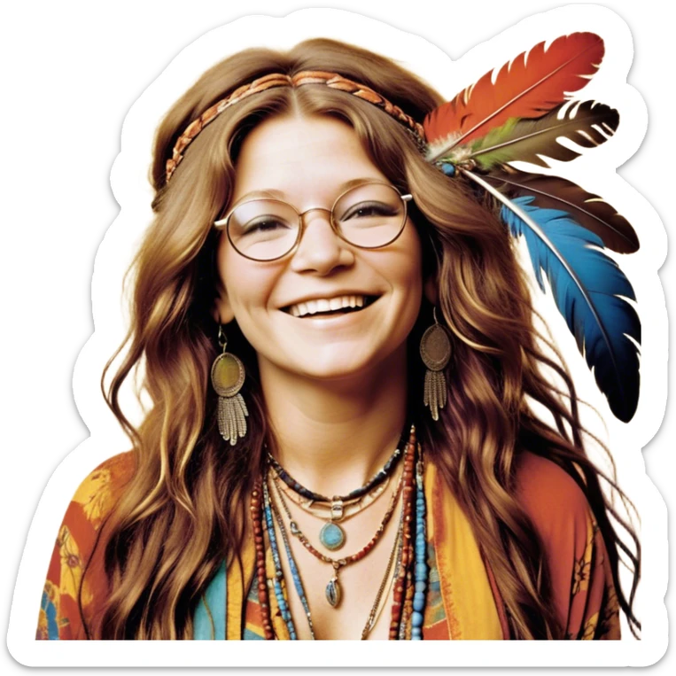 a portrait of janis joplin, focusing on her upper half. she has long, wavy hair with a free-spirited, messy style, round glasses, and a warm, infectious smile. she’s wearing layered bohemian jewelry, colorful clothing, and a feather in her hair, exuding her iconic 60s rock-and-roll vibe. the background is vibrant and slightly psychedelic sticker