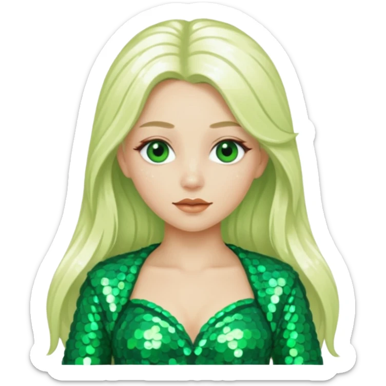 Ozma from the Wizard of Oz with long platinum blonde hair, green sequin outfit sticker