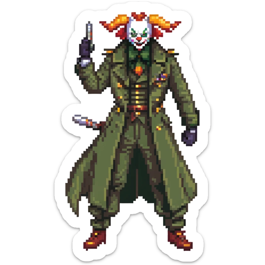 evil clown soldier, bald, black horns on forehead, fangs, pointed ears, eye patch over one eye, long coat over black and military green clothes with bellbottom pants, tail, holding a different style of whip, realistically proportioned, less bulky, full body, fighting stance sticker