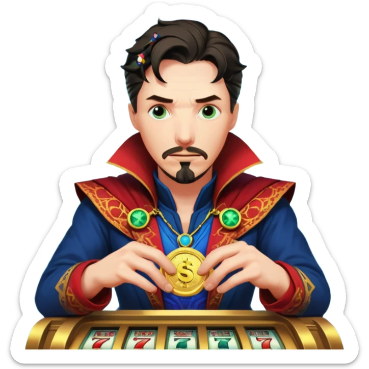disheveled Doctor Strange losing money at a slot machine, panicked face, coins flying sticker
