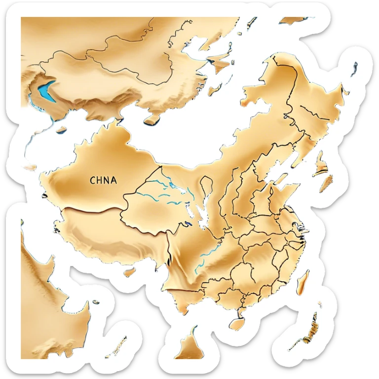 Cinematic-realistic outline of china, featuring its distinct landmass with accurately defined coastlines. The deep blue ocean surrounds the golden-brown continent, with subtle topographic shading to highlight its terrain. A soft glowing effect enhances the edges, making the shape stand out against a neutral, textured background. sticker