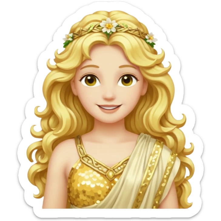 Flora, Goddess of Flowers from Roman Deities with long golden blonde wavy hair, pale yellow sequin toga  sticker