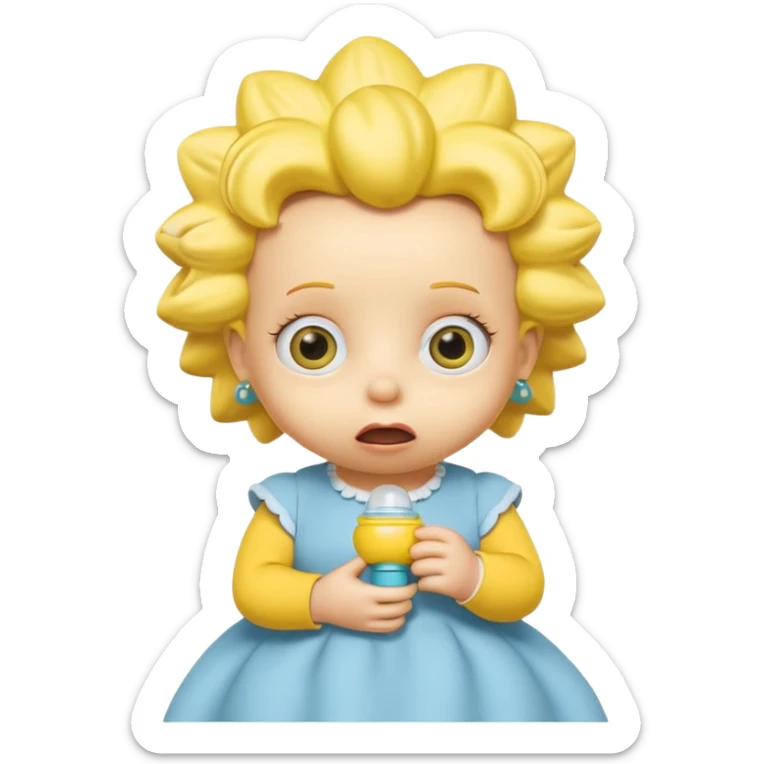A 3D cartoon baby character fully yellow skin, styled like Maggie Simpson, with pacifier, big eyes, smooth shading, Memoji-style rendering, consistent with other yellow Simpsons characters. sticker