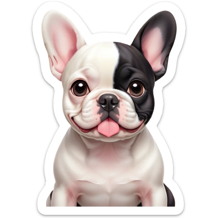 Cinematic Cute Pied French Bulldog Portrait Emoji, Head tilted with a sweet, mischievous grin and large, inviting eyes, featuring a unique pied fur of contrasting colors, simplified yet irresistibly endearing, highly detailed, glowing with a warm, playful radiance, high shine, exuding a quirky charm and affectionate personality, styled with a soft, lighthearted outline, capturing the essence of a cute Pied French Bulldog that looks ready to charm its way into your heart! sticker