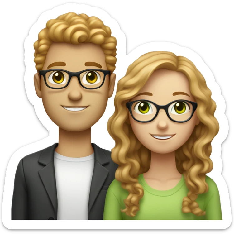white ginger girl with straight hair and green eyes is with a tan brunette boy that has curly hair green eyes and glasses sticker