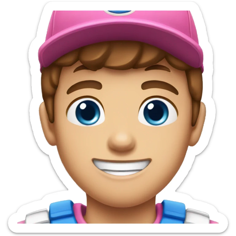 A boy with brown hair and a pink baseball cap and blue eyes and buck teeth sticker