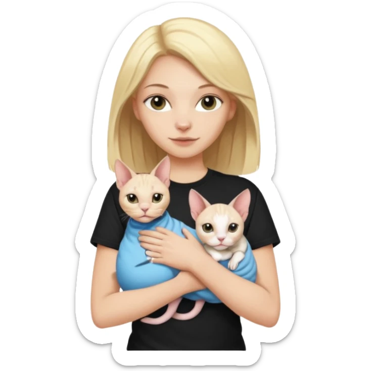 A white girl with blonde hair black T-shirt is holding a white Sphynx girl cat in her arms sticker
