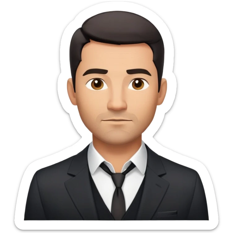 Handsome athletic man in his mid-40s with tan skin, short black hair with clear fade cut, 5 o'clock shadow facial hair, strong square masculine face, warm approachable expression, black blazer worn open, white buttoned shirt with collar unbuttoned, explicitly no tie sticker