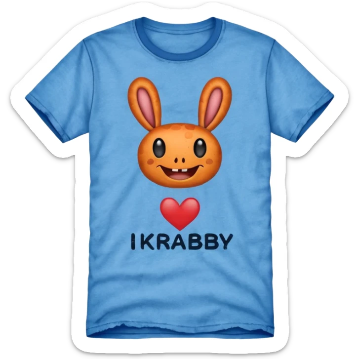 Blue shirt with the text I love KRABBY. And the shirt has holes sticker