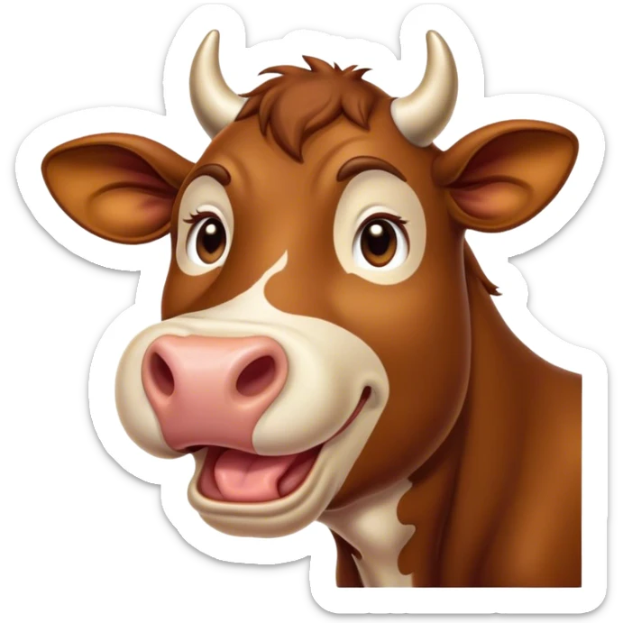 Cinematic Cute Yawning Brown Cow Portrait Emoji, Head tilted slightly with a dramatic, wide-open yawn, showcasing a smooth, rich brown hide with a subtle shine, floppy ears slightly drooping, round brown eyes barely open in drowsy contentment, Simplified yet irresistibly adorable features, highly detailed, glowing with a soft, cozy glow, high shine, relaxed yet expressive, stylized with a touch of pastoral whimsy, bright and endearing, soft glowing outline, capturing the essence of a sleepy yet affectionate cow, so drowsy it feels like it could amble right out of the screen and curl up for a nap! sticker