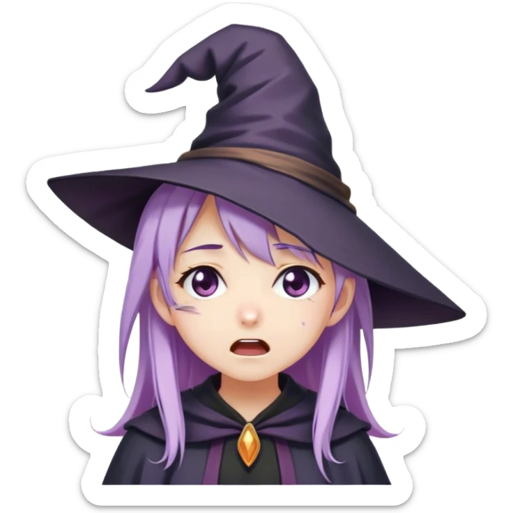 cute anime girl with lilac hair in a witch hat cries loudly cute anime girl with lilac hair in a witch hat cries loudly sticker