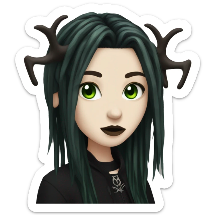 gothic girl, pale skin, green eyes, hairstyle as a black dreadlocks, bangs, black clothes, eyeliner, antlers  sticker