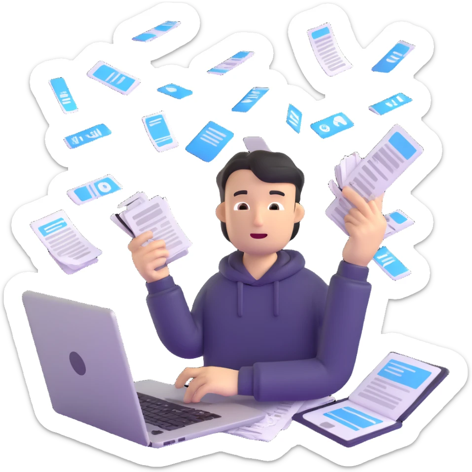 person holding a phone in one hand, laptop open in front, storm of receipts, invoices, and reminders swirling around, multitasking chaos sticker