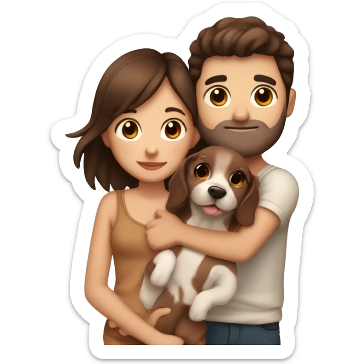 Brunette girl with brown eyes cuddleibg a small puppy and a man with brown hair and brown eyes sticker