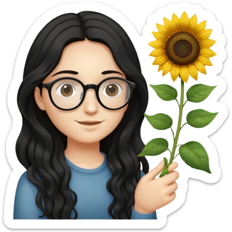 hazme un emoji que me represente: me gusta el color negro, uso lentes, tengo el cabello ondulado, de color negro y largo, tengo la cara media delgada ,me gustan los girasoles  sticker
