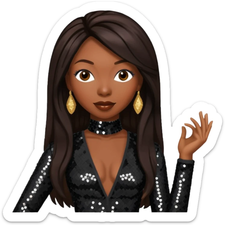 Brandy Norwood with long dark brown hair, dark brown sequin outfit sticker