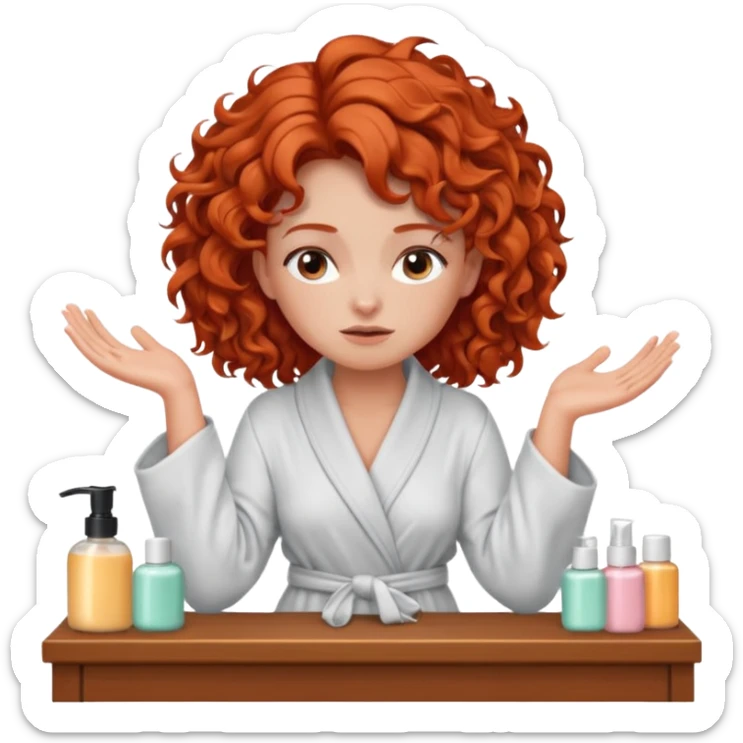 Cartoon emoji of a girl with voluminous curly red hair, fair skin, warm brown eyes. Wearing a chic milky silk robe with long sleeves, no makeup. Sitting at a vanity full of skincare products, holding her head with both hands, unsure which to choose. Smooth, simple, stylized." sticker