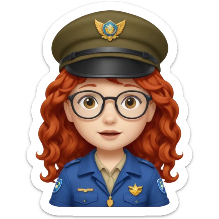 scout girl baby with uniform including the hat,  little with glassess and long curly red hair sticker