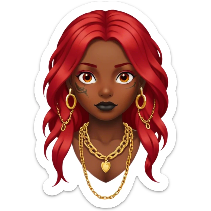 Black dark skin long Red hair girl with tattoos on face, gold chain around neck sticker