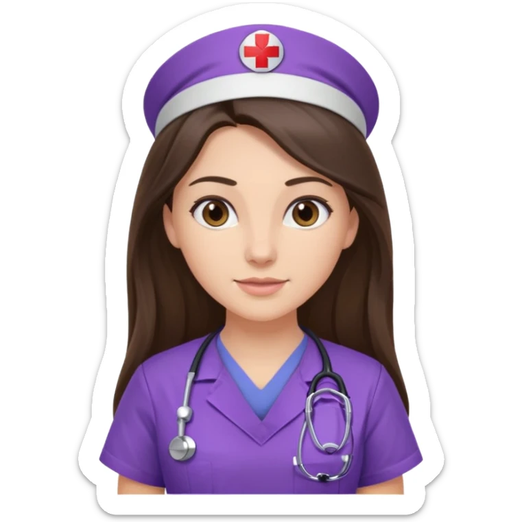 pretty brunette nurse with long hair in purple scrubs sticker