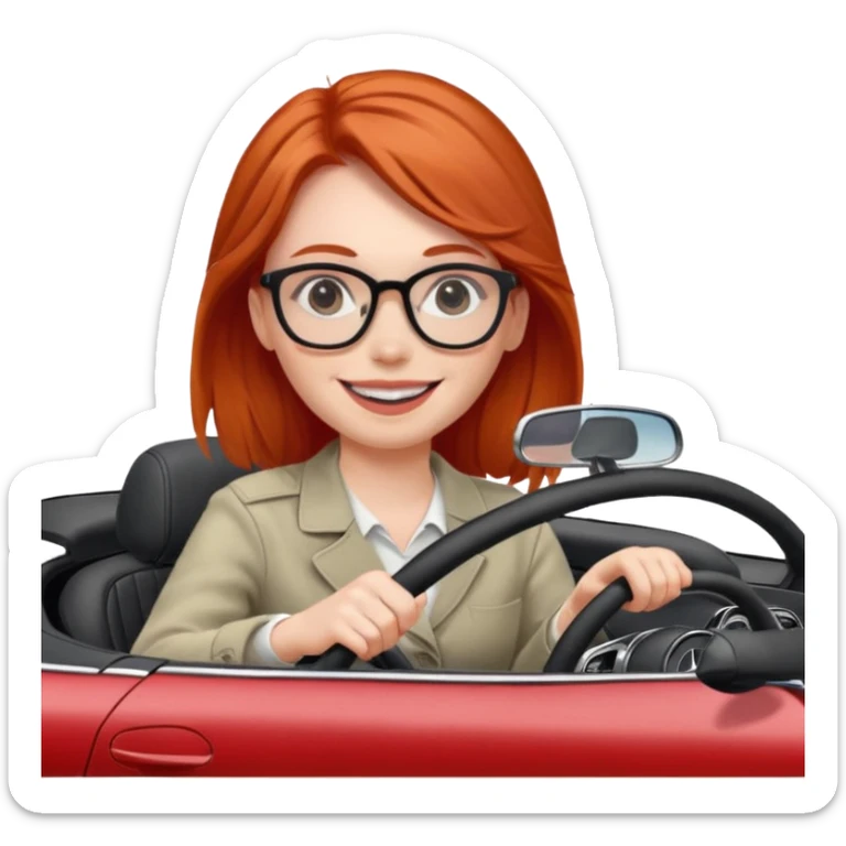 Red head girl smiling with glasses driving fast in a Mercedes convertible sticker