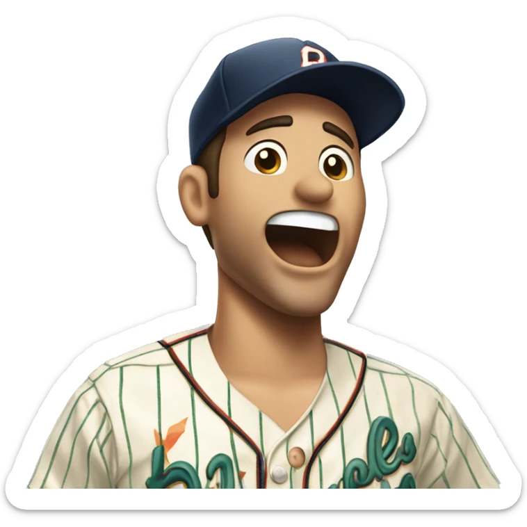 Man with brown hair wearing a hawaiian shirt yells at pinstripe wearing Latino baseball player sticker