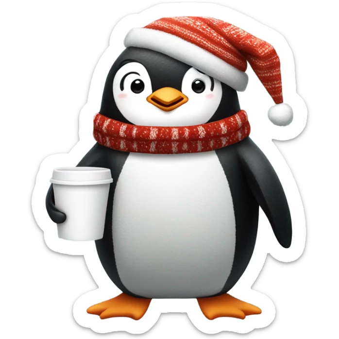 penguin wearing a Christmas sweater full body little arms, holding a coffee cup sticker