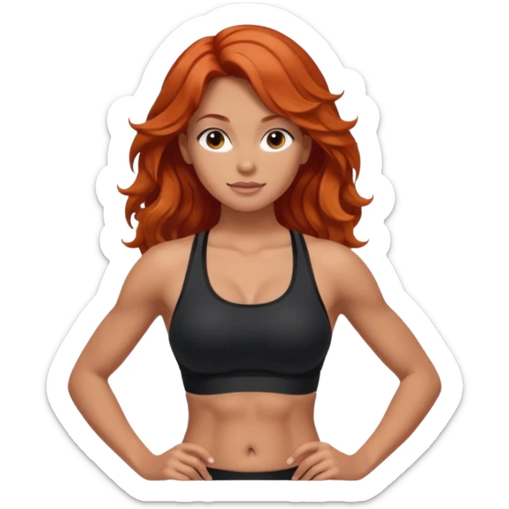 Athletic girl with long light red wavy hair and smaller boobs bigger arms. middle part and black sports bra, long hair, show stomach sticker