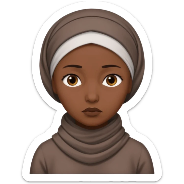Emoji portrait of a female domestic slave. She has a sad expression and wears a plain dress with a headscarf. sticker