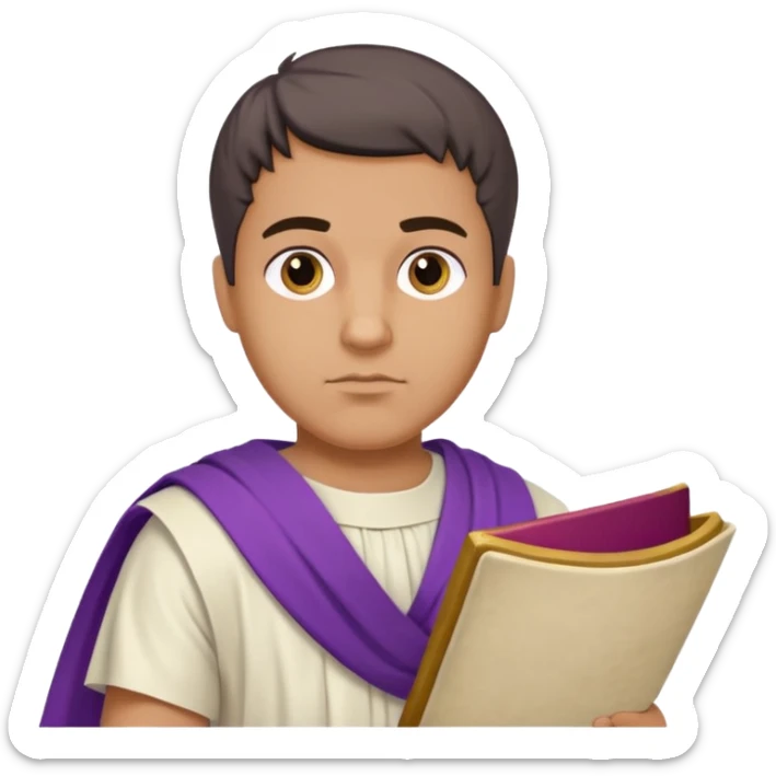 An emoji portrait of a Roman nobleman. He wears a white toga with a purple border. He has a serious, dignified expression and holds a scroll. sticker