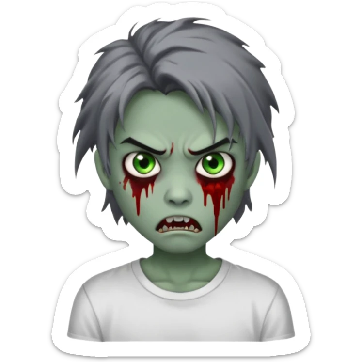 3D emoji-style avatar with grey zombie skin, dark brown hair, a young Asian face, and large green eyes with blood tears. Give it white litle bit messy middle hair style , silver hoop earrings, and a plain white T-shirt. The face expression should be slightly angry, with vampire fang sticker