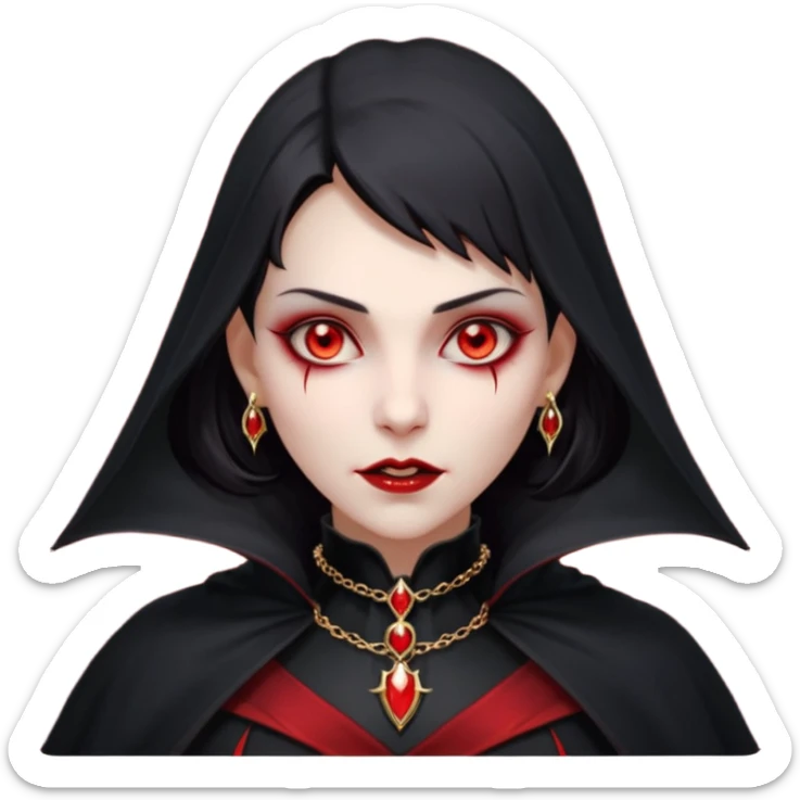 vampire village woman portrait, head and shoulders only, dark gothic cloak collar, sharp fangs, red glowing eyes, elegant yet eerie expression, subtle jewelry, 3D cartoon, mobile game icon style, clean background, no text, no watermark sticker